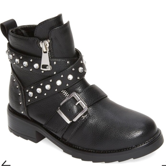 Kids' Halsi Crystal Stud Moto Boot In Black by Steve Madden size 10 brand new - Picture 1 of 9
